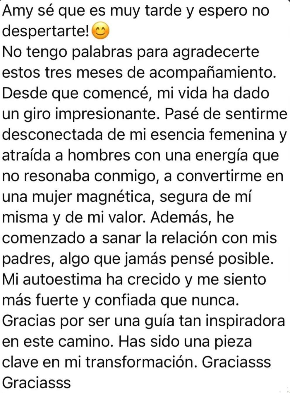 Mensaje de una alumna agradeciendo tres meses de acompañamiento